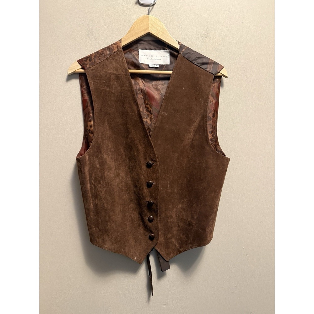 Vintage David Eliot Bruxelles Brown Suede Vest M USA Equestrian Leopard Western